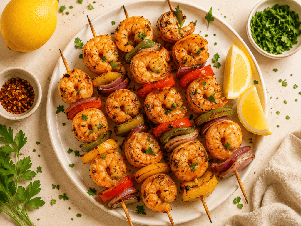 golden air fryer shrimp kabobs with colorful bell peppers and onions on skewers with lemon wedges