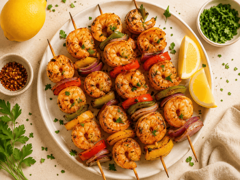 golden air fryer shrimp kabobs with colorful bell peppers and onions on skewers with lemon wedges