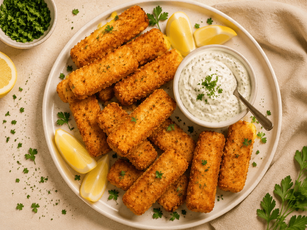 golden crispy air fryer frozen fish sticks on a white plate with tartar sauce and lemon wedges