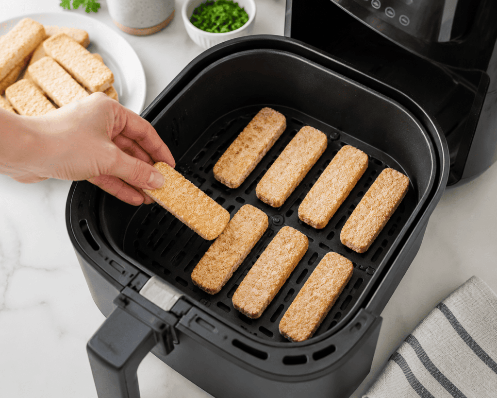frozen fish sticks being placed into air fryer basket in single layer